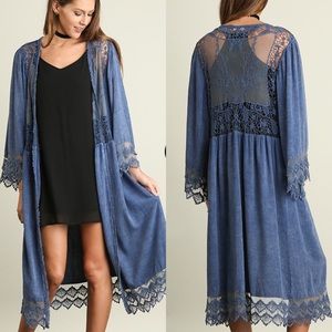 Sweaters - Washed Open Front Cardigan with Lace- DENIM Sweaters - Washed Open Front Cardigan with Lace- DENIM