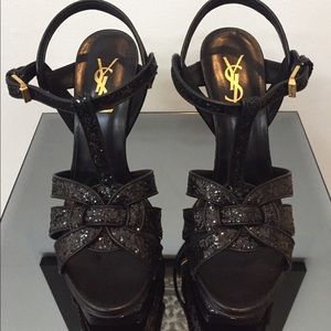 Saint Laurent Shoes - Saint Laurent "Tribute" Platforms in Black Glitter Saint Laurent Shoes - Saint Laurent "Tribute" Platforms in Black Glitter