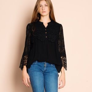 Bare Anthology Tops - Crochet Sleeve Black Top Bare Anthology Tops - Crochet Sleeve Black Top