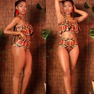 Swim African Ethnic Print Halter Flounce Bikini M Poshmark