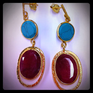 Ruby and turquoise 14K gold earrings 