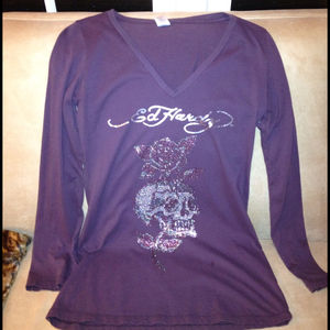 Ed Hardy Purple Rhinestone Skull & Rose Tunic. Lg