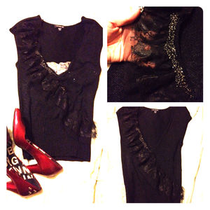 Bebe Black Lace and Bead-Embellished Top