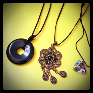 3 necklaces - dark jade, Egyptian Vtg, clay heart