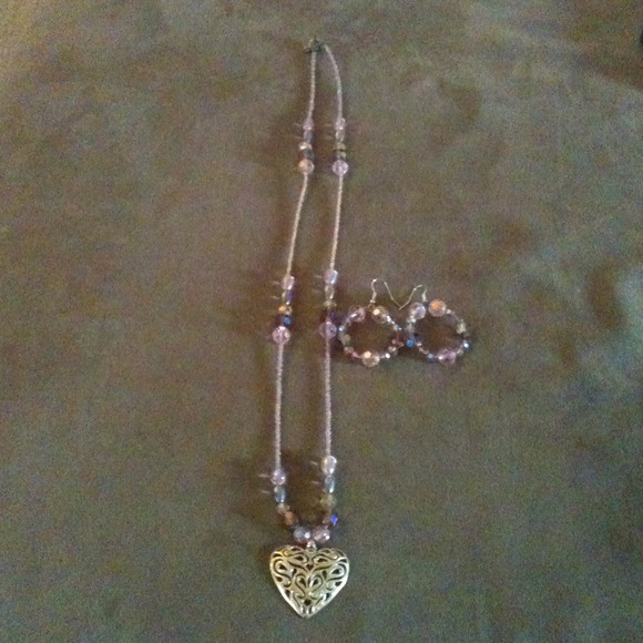 pastel beaded necklace with silver heart & earings
