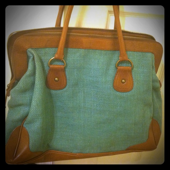 Aqua tweed handbag with camel leather trim