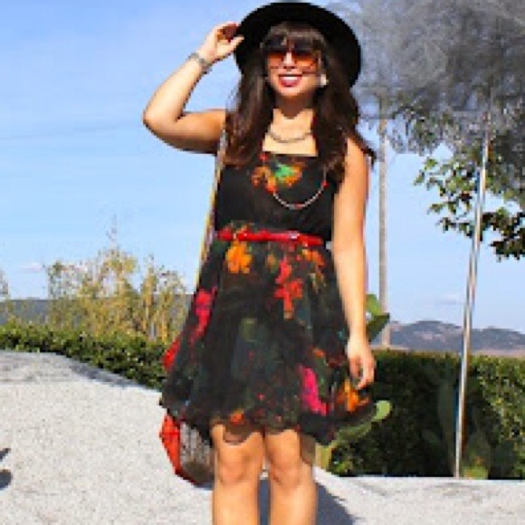 Floral print dress on black ground