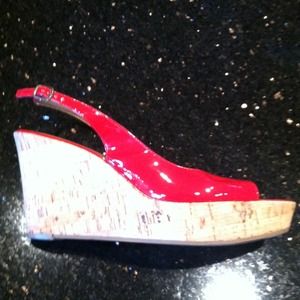 Red patent cork wedgie
