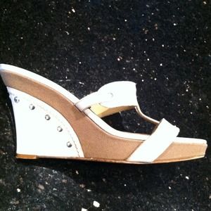 White leather & canvas wedge slide