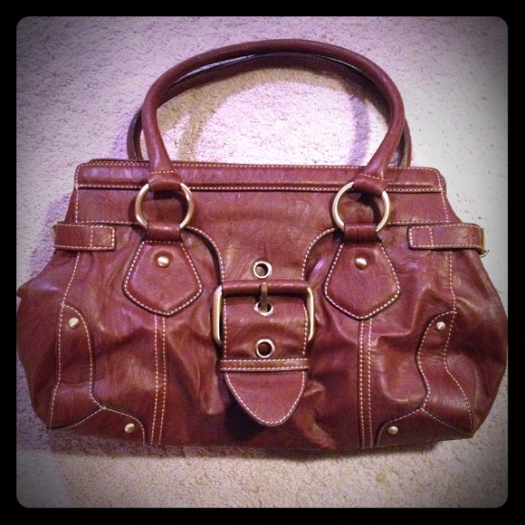 Reduced! Bianco Cognac Faux Leather Buckle Satchel