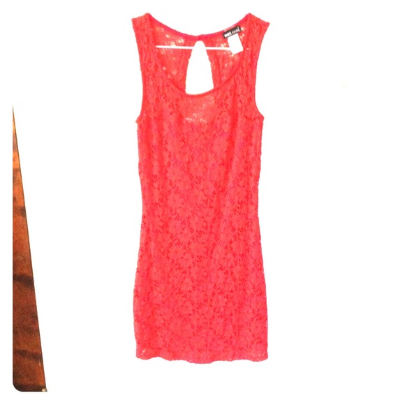 Coral flower-lace print dress.
