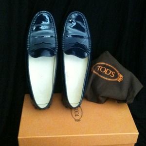 Tod's patent blue driving loafers