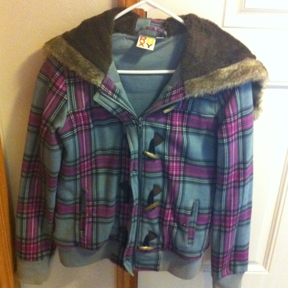 Pink black gray fall coat with faux fur hood