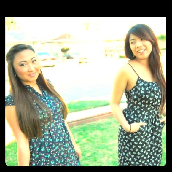 R: floral print dress. L: bow printed dress