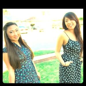 R: floral print dress. L: bow printed dress