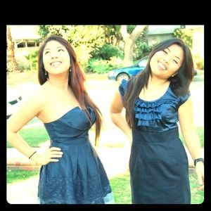 R: navy lace dress. L: navy ruffle dress.