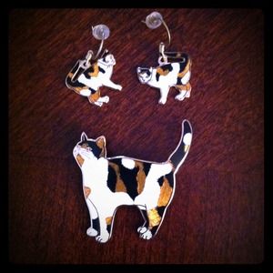 Cloisonné Cat Earring & Pin Set