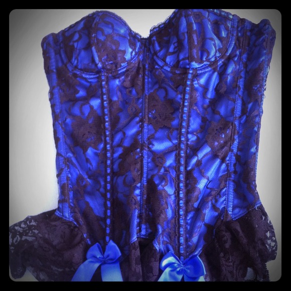 Sexy blue with black lace corset and g string