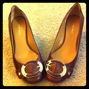Nine West Brown Wedge Heels with Gold Buckles