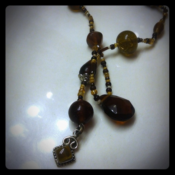 Hand made, one of a kind, long brown necklace