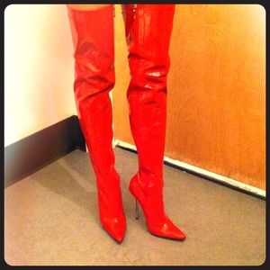 Sky high patent red leather boots