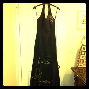 Black satin halter dress from Cache. Beaded detail
