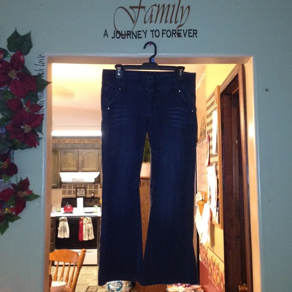 A pair of stretchy dark denim pants