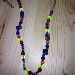 Blue, orange, green and red millefiori necklace