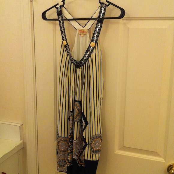 Embellished Silk Shirt / Dress (Cream and Navy) - Picture 2 of 4