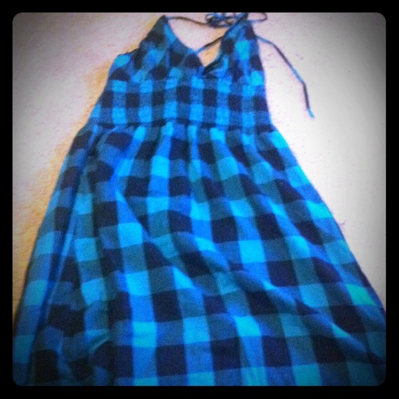 Green and black plaid halter dress