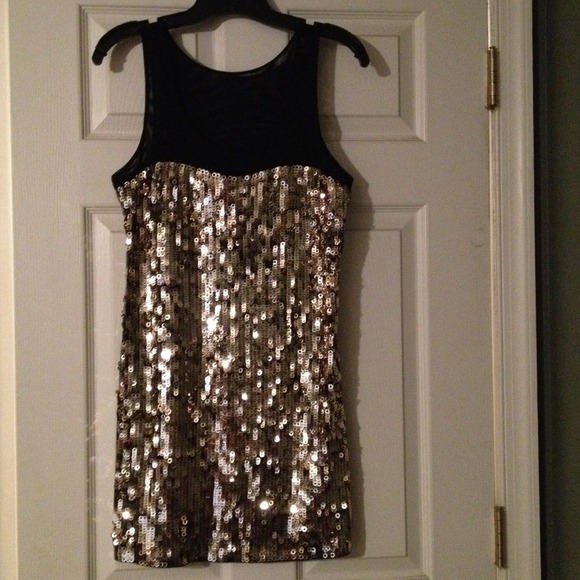 Sequin gold dress w/ blck mesh top.