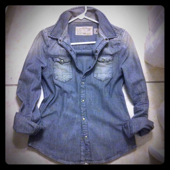 All Saints Gray Distressed Denim Button Down