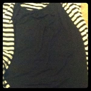 Black shirt, gray and black cover up