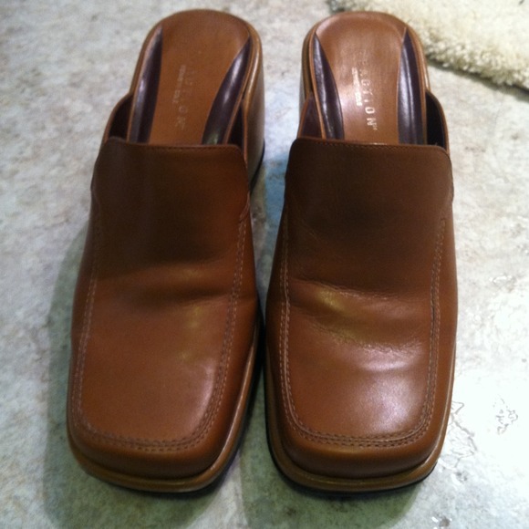 Tan leather slip on platform shoes