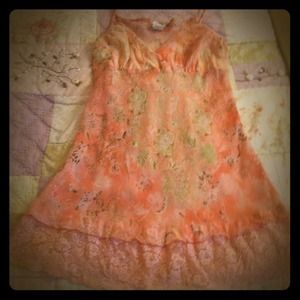 Pink printed translucent polyester/lace camisole