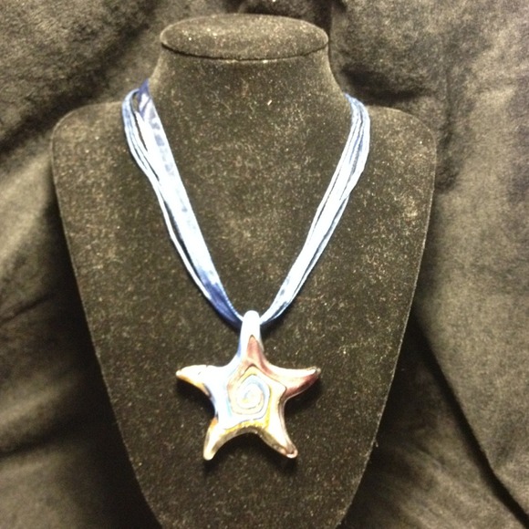 Glass starfish pendant on a blue ribbon necklace - Picture 1 of 2