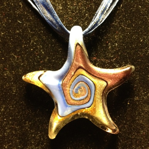 Glass starfish pendant on a blue ribbon necklace - Picture 2 of 2