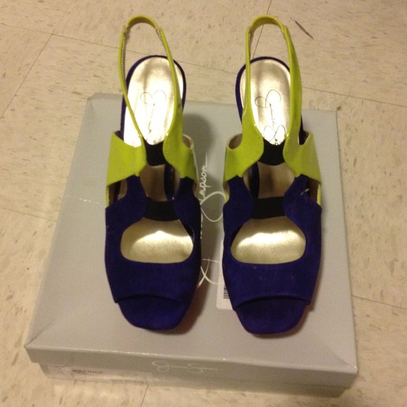Purple, lime green, and pink pumps