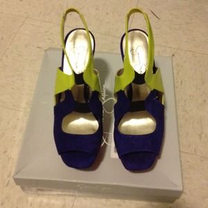 Purple, lime green, and pink pumps