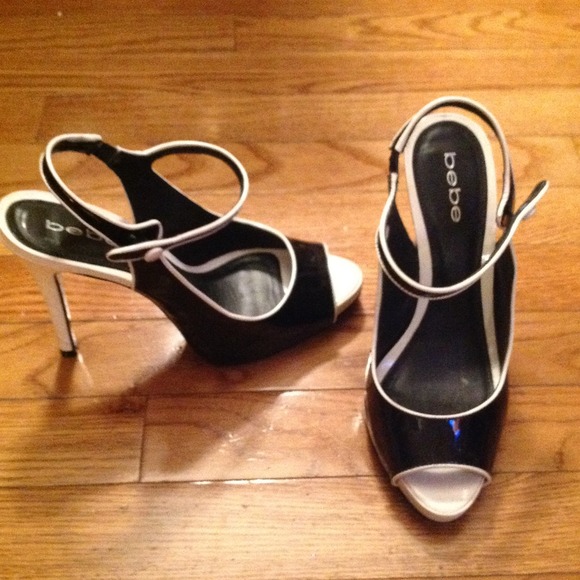 BEBE Patent white and black leather peeptoes