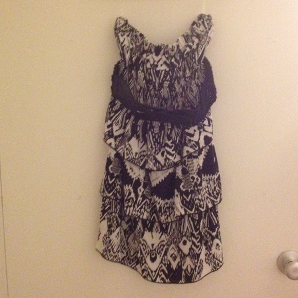 Strapless black/white ruffle tribal print dress