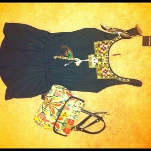 Forever 21 romper, bag, necklace, and earrings.