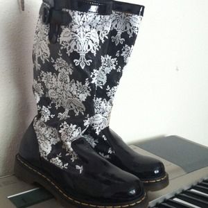 Black and White Floral Print Calf High Doc Martens