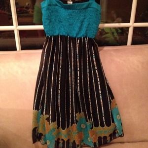 Art deco teal floral, dots & satin ribbed sundress