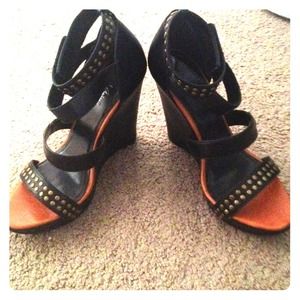 REDUCED! Black strapped wedge heels. Never worn!