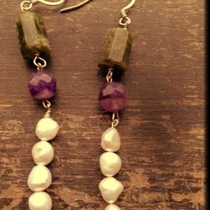 Tourmaline, amethyst, and pearl earrings.