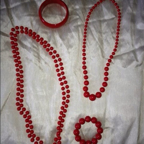 Set of red beaded costume jewelry