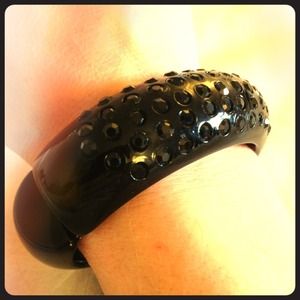 Vintage black Bakelite rhinestone clamper bracelet
