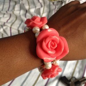 Coral Rose And Pearl Bracelet