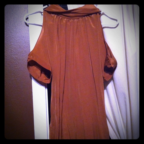 REDUCED Brown open shoulder tie neck silk top...